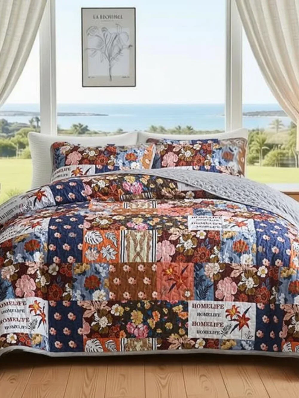3-Piece Boho Floral Patchwork Quilt Set King Size Flower Daisy Colorful Bedsprea